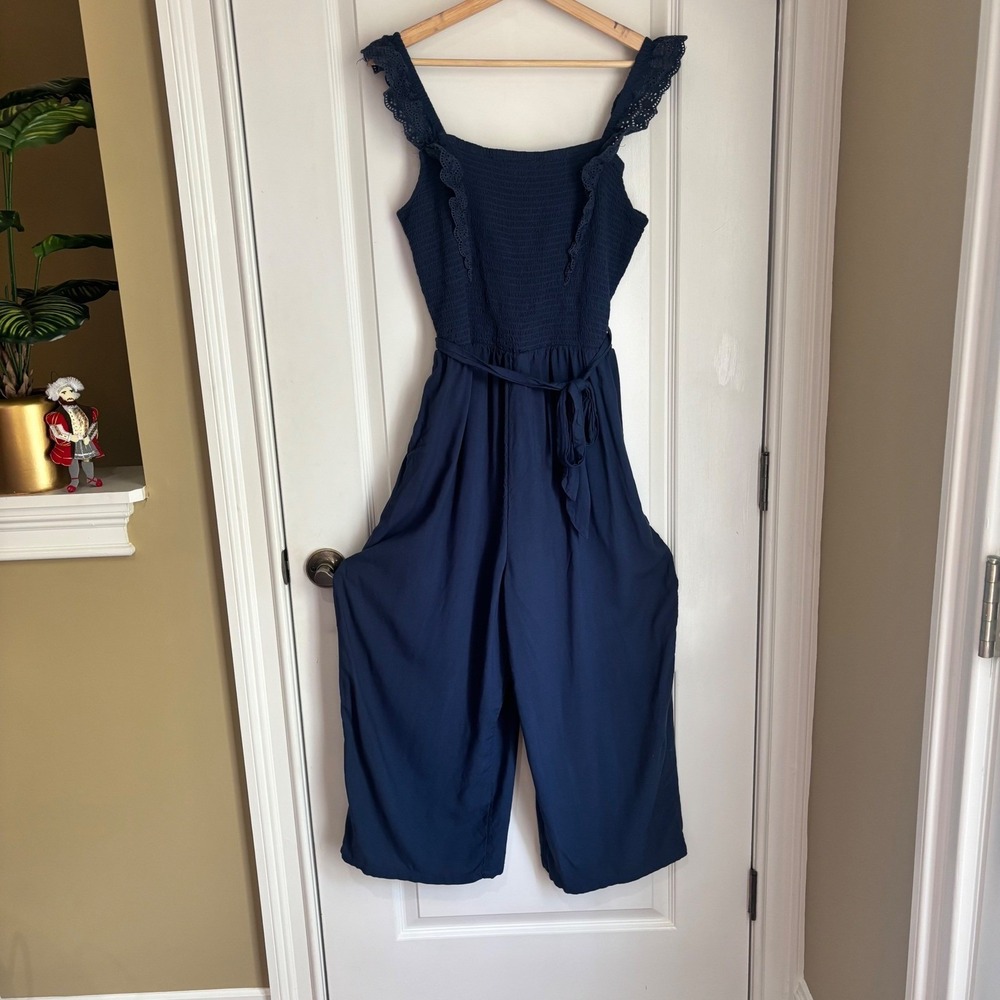 Maurices Navy Blue Smocked Eyelet Lace Wide Leg Jumpsuit XL Boho Romper - Picture 2 of 10